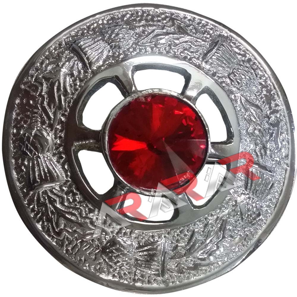Scottish Kilt Fly Plaid Brooch Highland Brooches Red Stone Chrome 2″ Emblem AAR