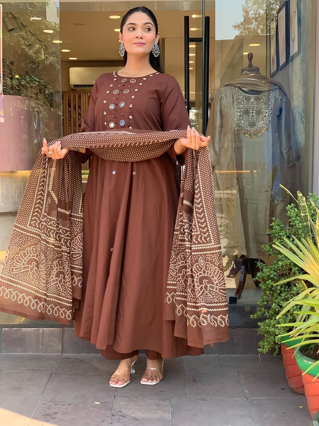 Women’s Brown Cotton Embroidered Kurta Set with Printed Dupatta Indian Suit