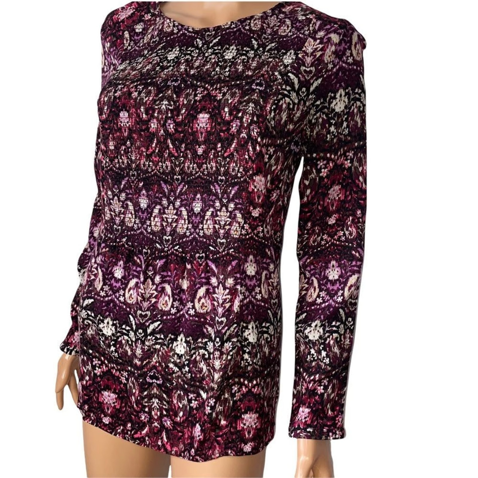 J. Jill top blouse floral/paisley ruched waist maroon long sleeve shirt SZ Sm