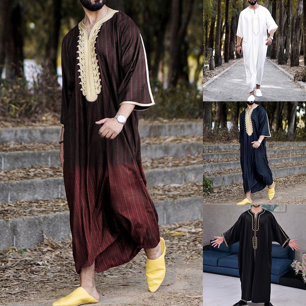 Mens Muslim Clothing Saudi Arab Jubba Kaftan,Dishdash,Thobe,Long-Sleeve