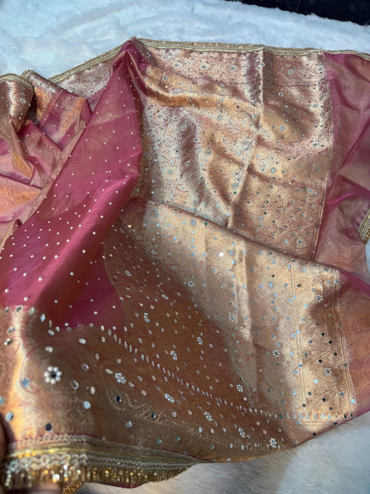 Premium Banarasi Soft Tissue Silk Saree | Mirror Work & Designer Lace Border