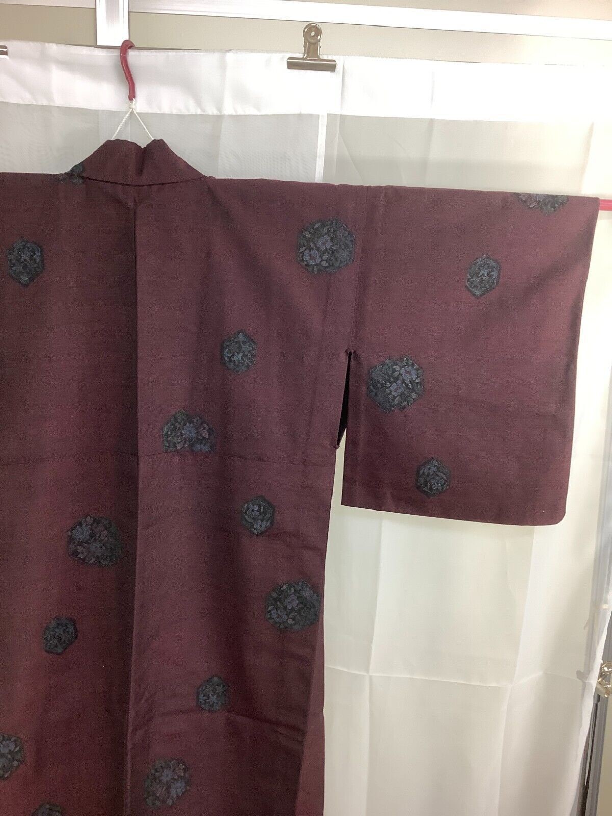 Japanese Vintage Kimono Silk Fabric Wine Red Oshima Expensive Flower 151cm