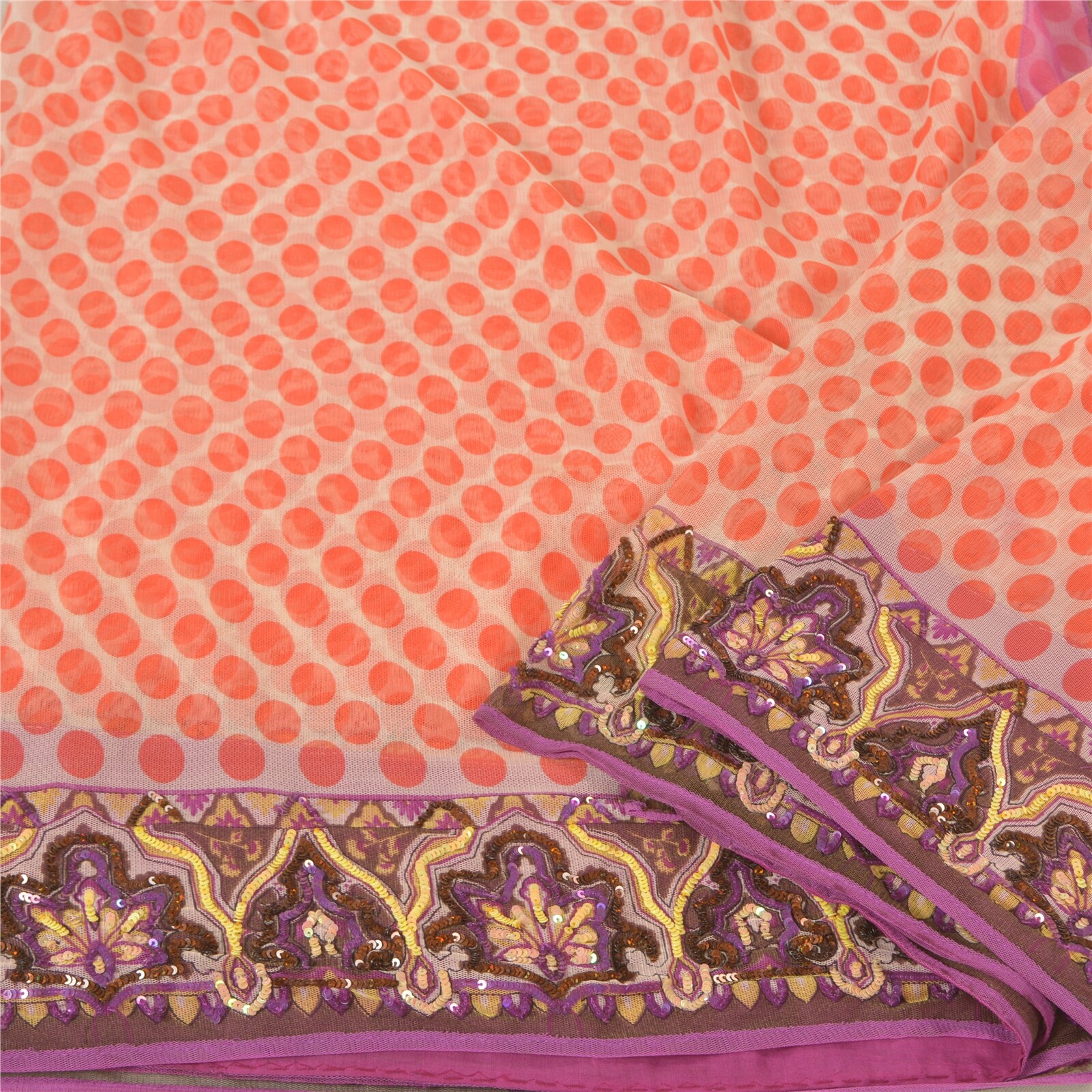 Sanskriti Vintage Orange Sarees Net Mesh Hand Beaded Premium Sari Craft Fabric