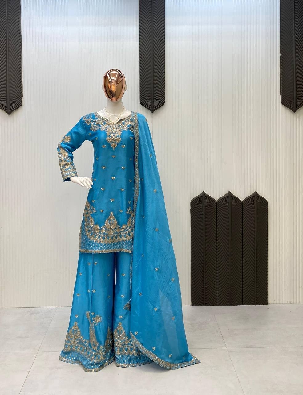 Beautiful Chinon Silk Sky Blue Top Palazzo With Dupatta For Party Wear