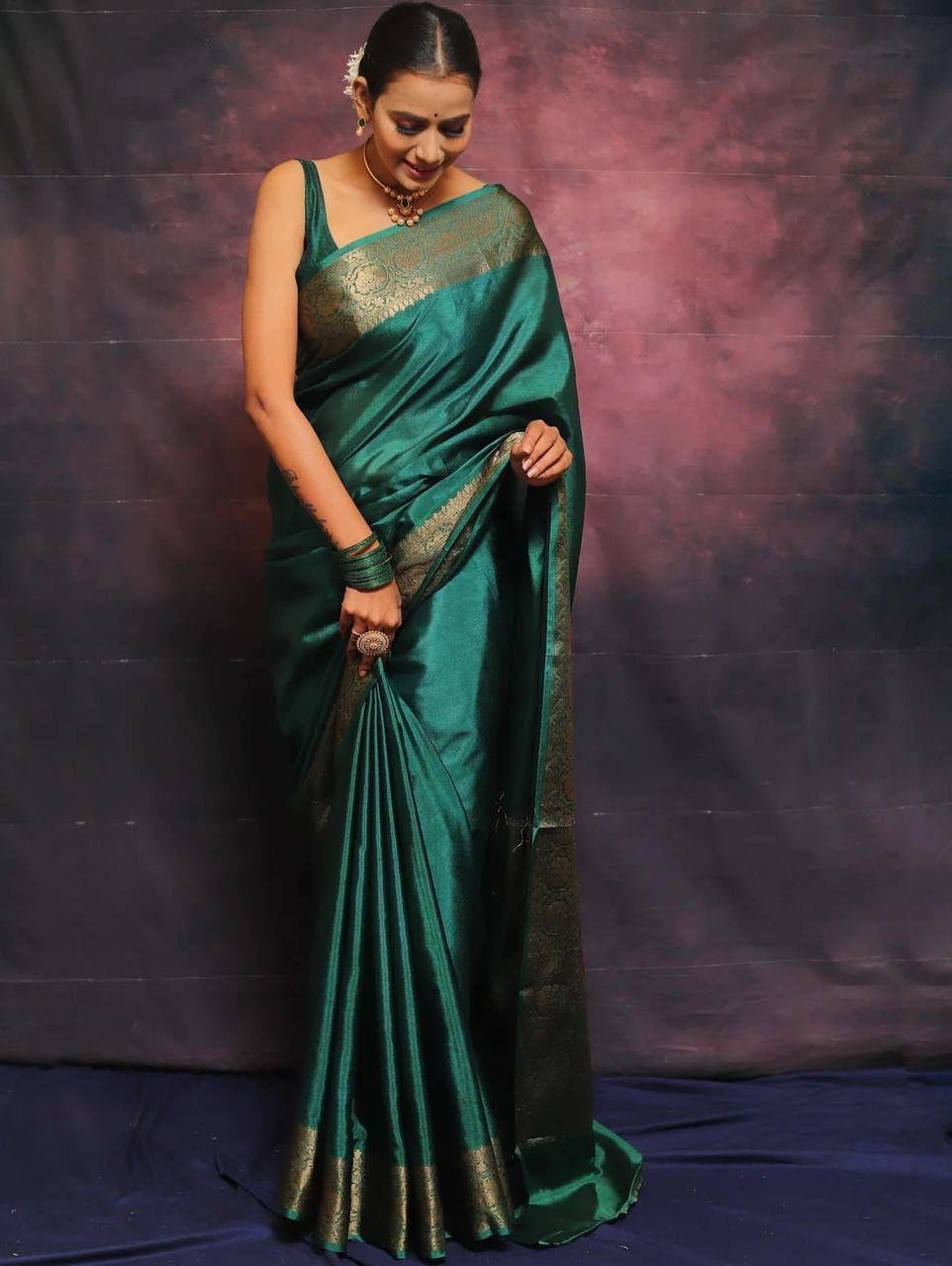 Traditional Green Lichi Silk Saree with Jacquard Zari Border and Blouse indian