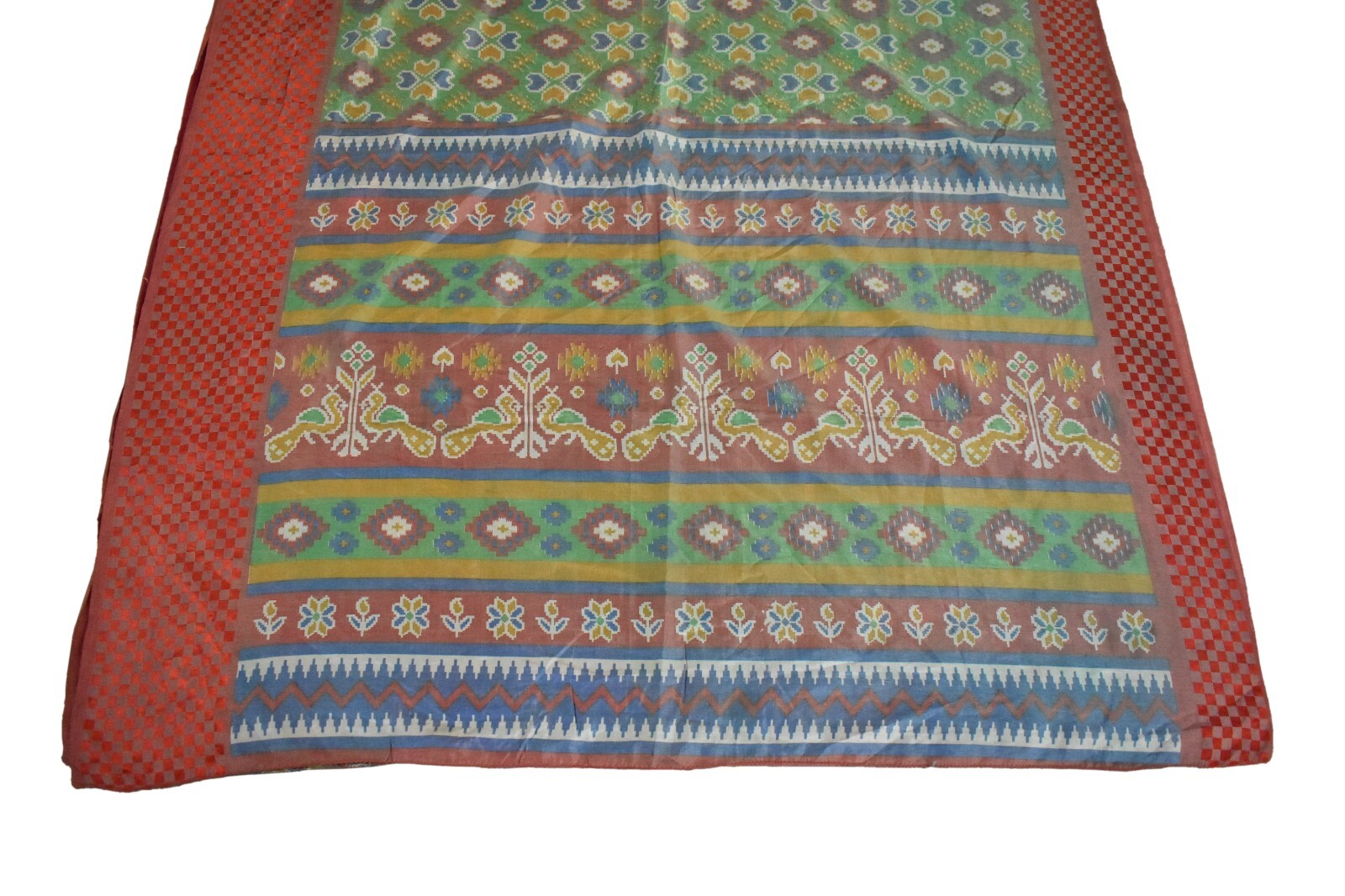 FNC Vintage Green Sambalpuri Ikat Sarees Handwoven Art Silk Sari Fabric Antique