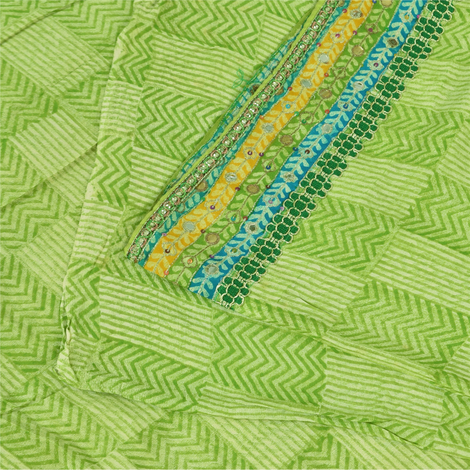 Sanskriti Vintage Saree Green Pure Crepe Hand Embroidered-Gota Patti Print Sari