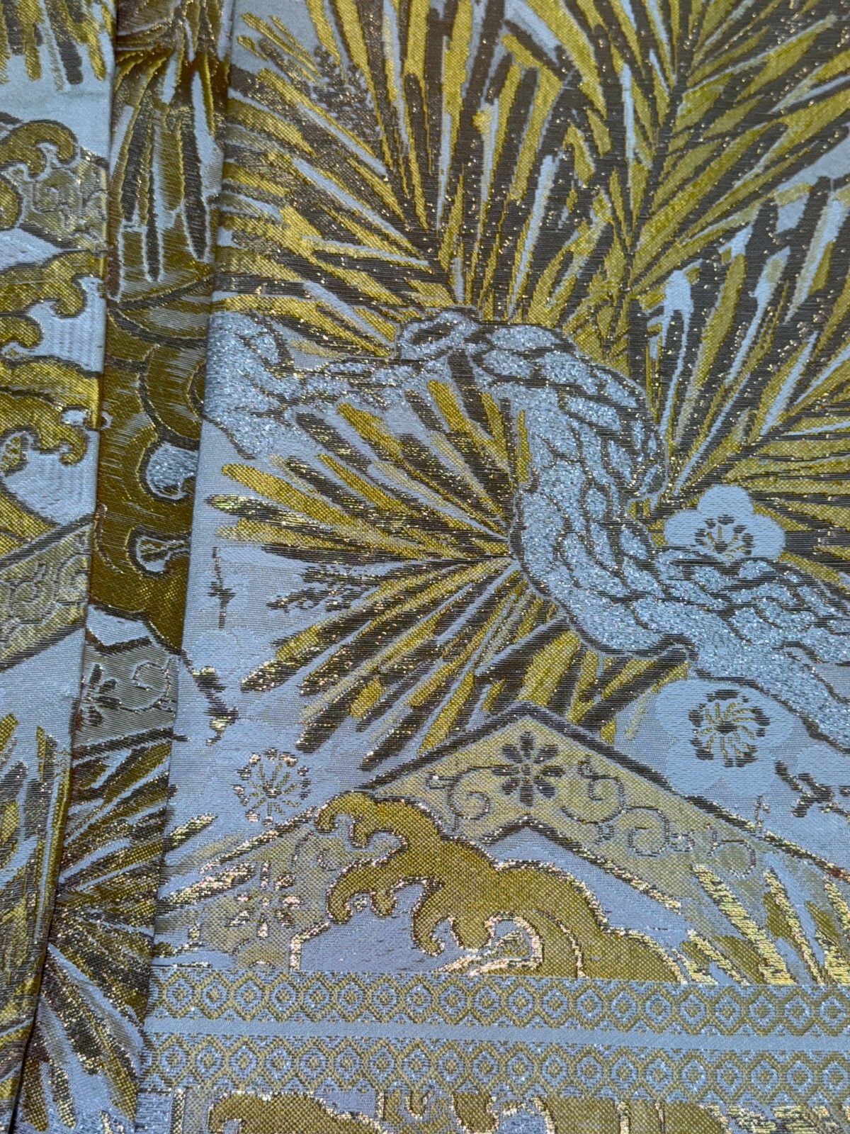Japanese Vintage Kimono Maru Obi silk Gold Embroidery Reversible 153.5×11.8in