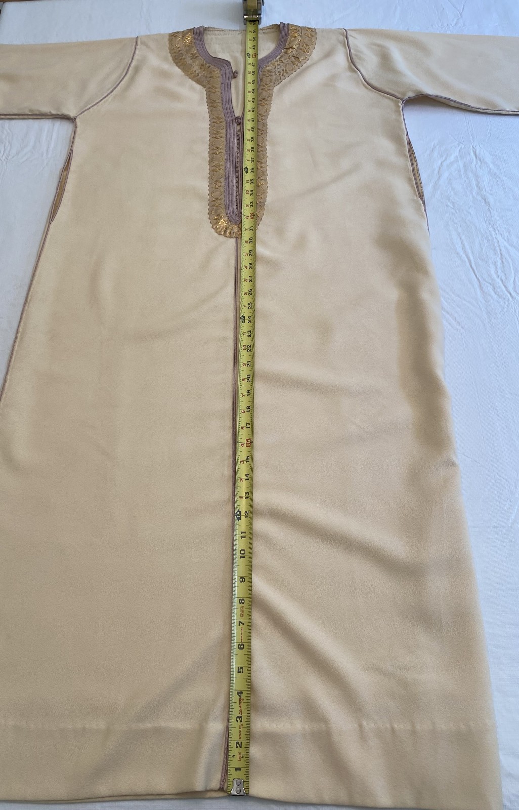 Vintage Moroccan Kaftan Gandoura Djellaba Cream and Gold with Hood