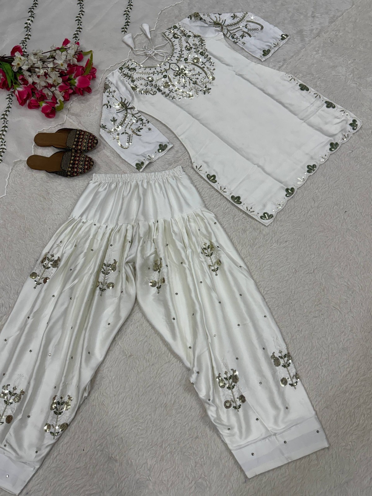 Latest Heavy Japan Satin White Top Bottom With Dupatta For Women Party Wear