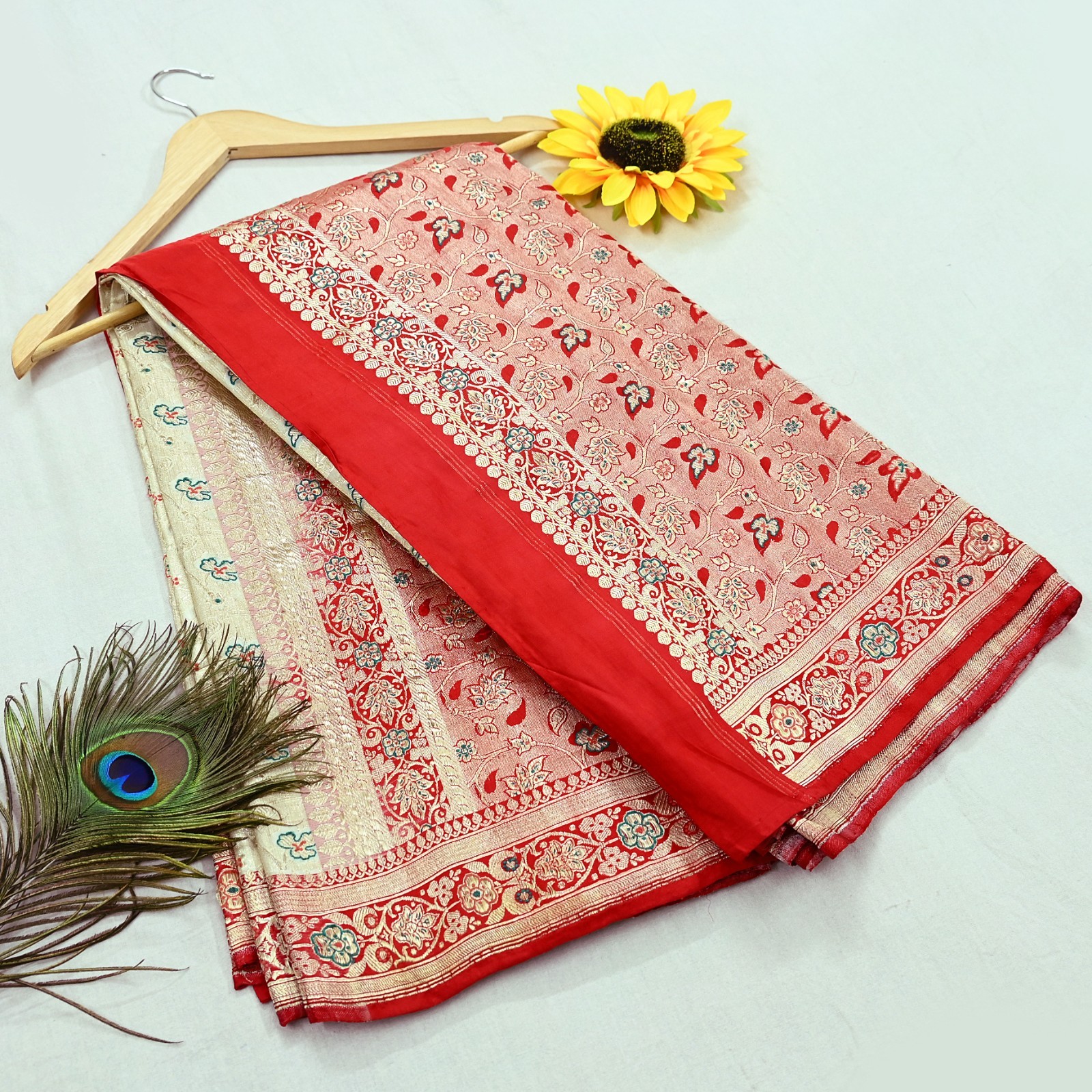 Indian Antique Vintage Heavy Sari Red & White Pure Satin Silk Hand Woven Saree