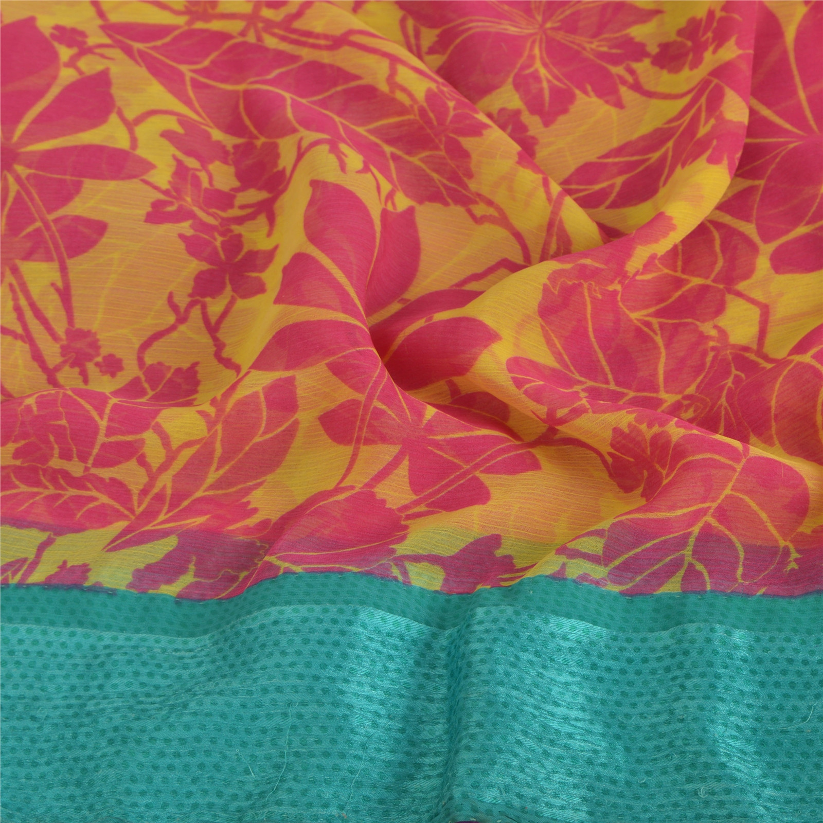 Sanskriti Vintage Indian Sari Yellow Printed Georgette Sarees Craft 5 Yd Fabric