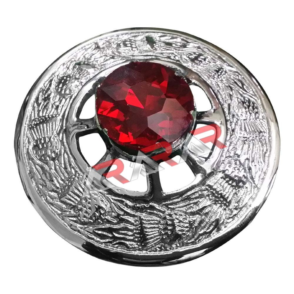 Scottish Kilt Fly Plaid Brooch Stone 3″ Thistle Design Chrome Finish with Reeds