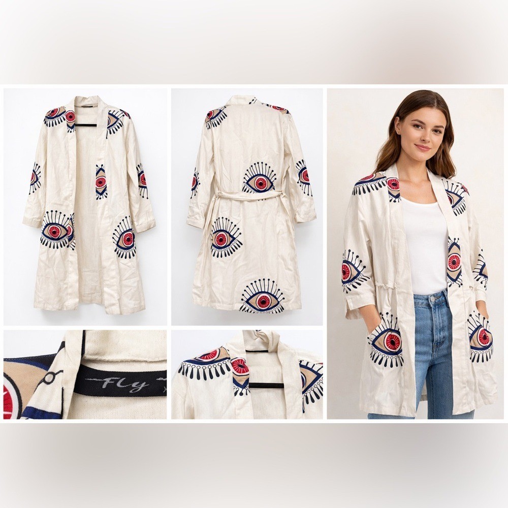 Embroidered Cream Kimono with Eye Design