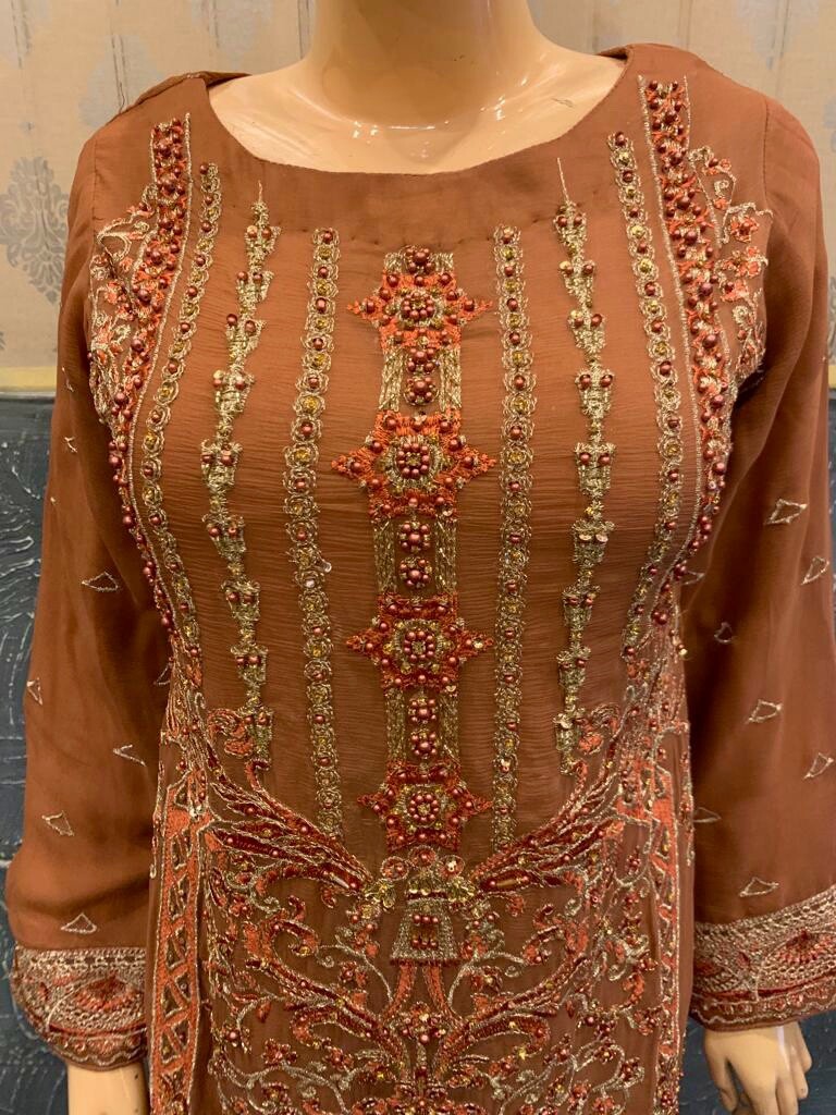 Pakistani Rust BrownStraight Style Embroidered Sequins Chiffon Gharara Suit,S