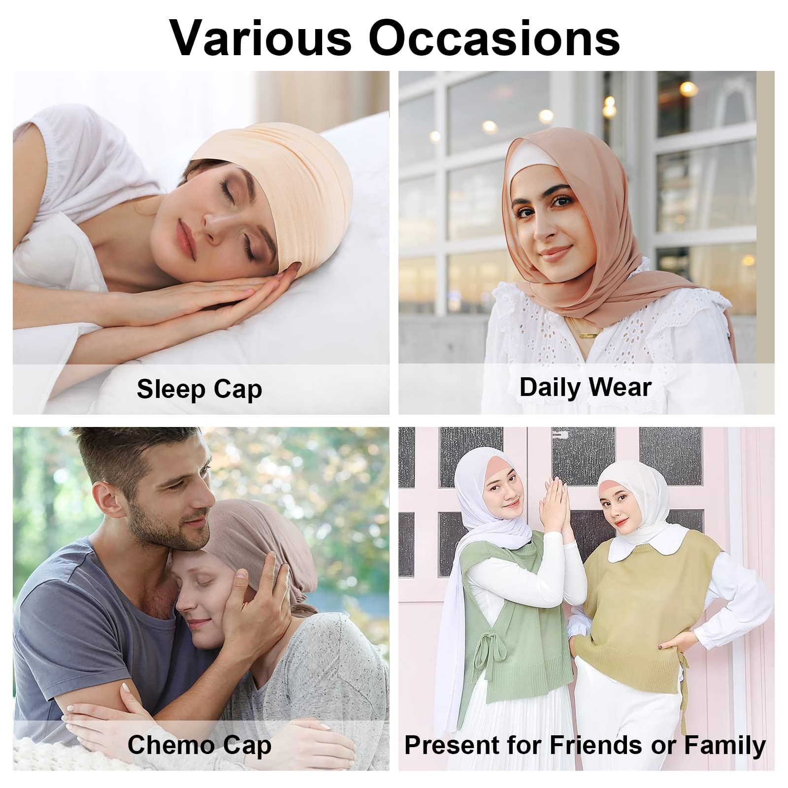 PHOGARY 4 Pcs Women Hijab Undercap, One Size, White, Pink, Peach, Beige