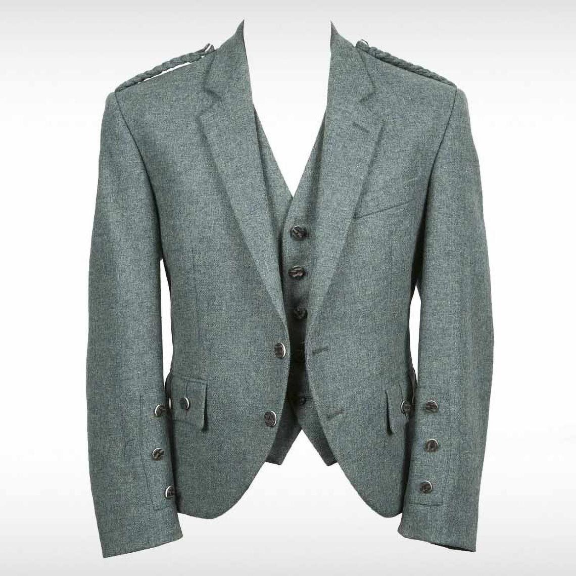 Men’s Lovat Green Argyle Jacket With Waistcoat Wool Highlander Kilt Jacket