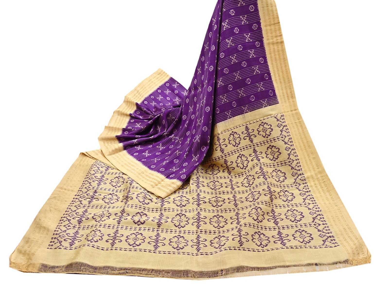 Indian Vintage Saree Beige & Purple Pure Silk Hand Woven Ikat Sari Craft Fabric