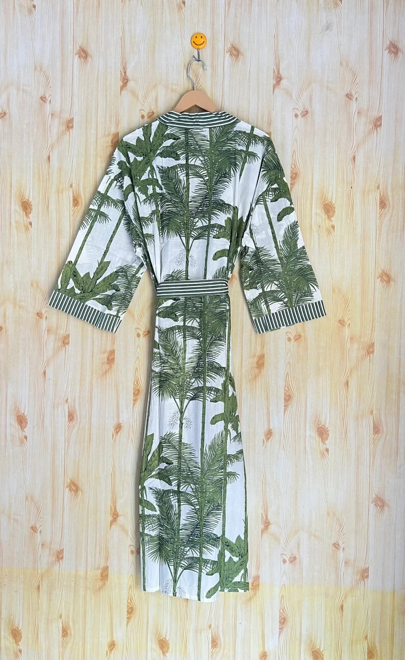 Green Tree Print Women Cotton Kimono Women Beach Lounge & Sleep Wear Night Dress