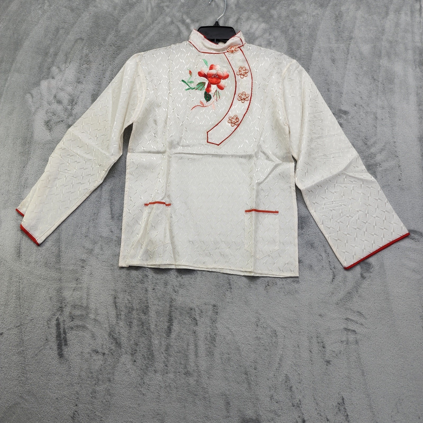 Vintage Asian Pajama Set Size M White Red Silky Satin Jacquard Embroidered Crop