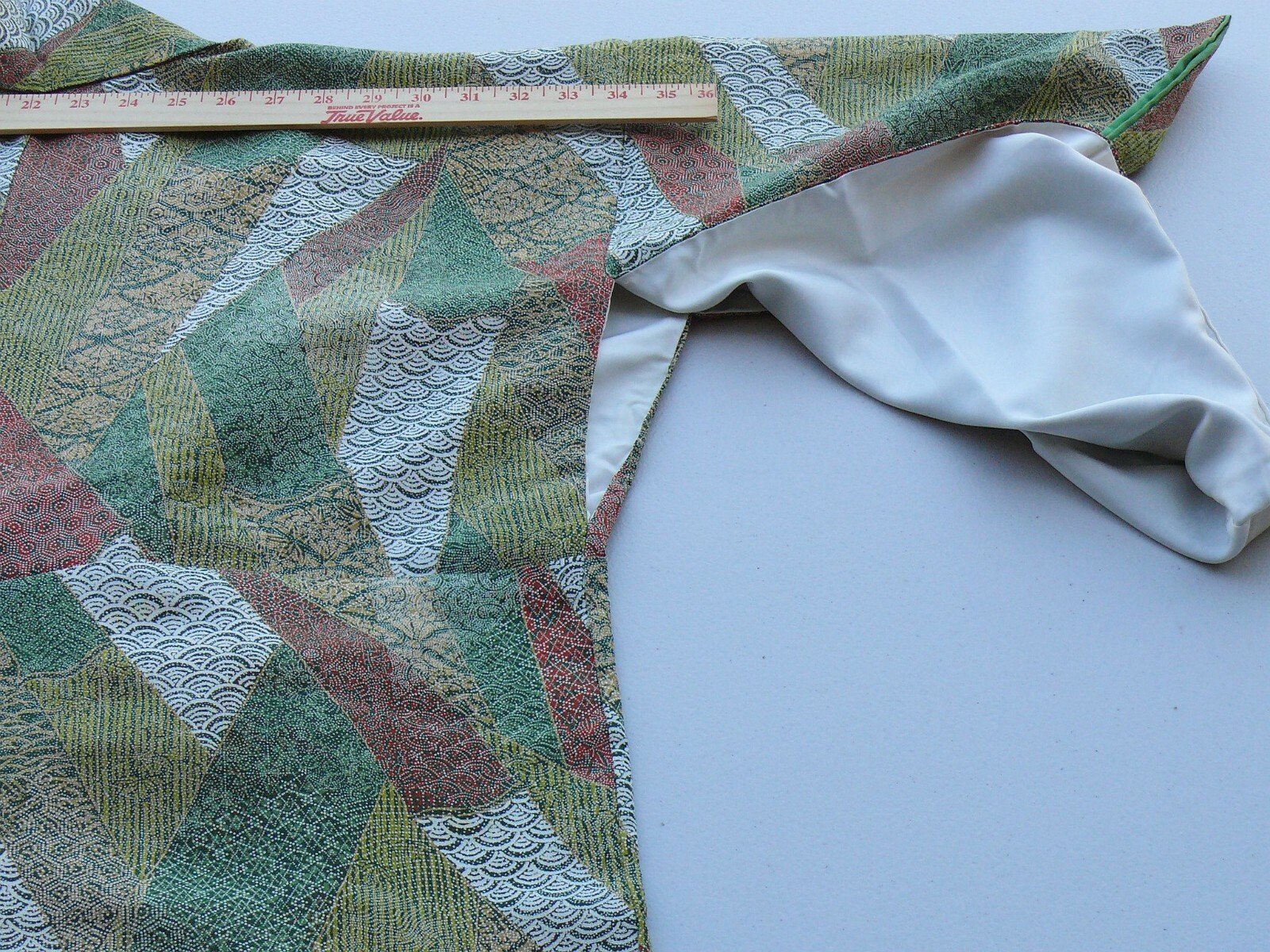 100% SILK WEDDING KOMON:Unique Abstract/Tsunami WAVE GREEN EATHY RED@F23a