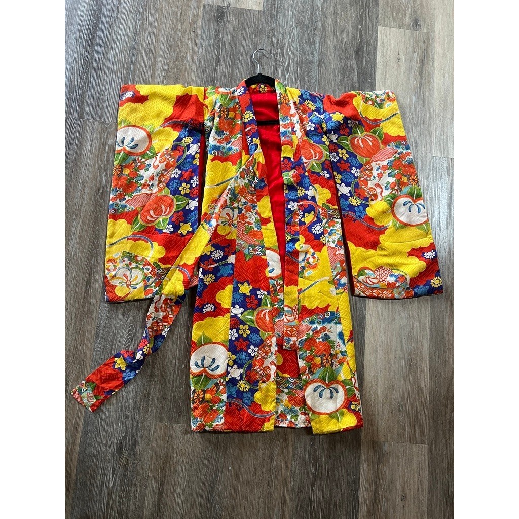 Vintage 70s Handmade Kimono Robe Japanese Childrens Multicolor Floral Fruit