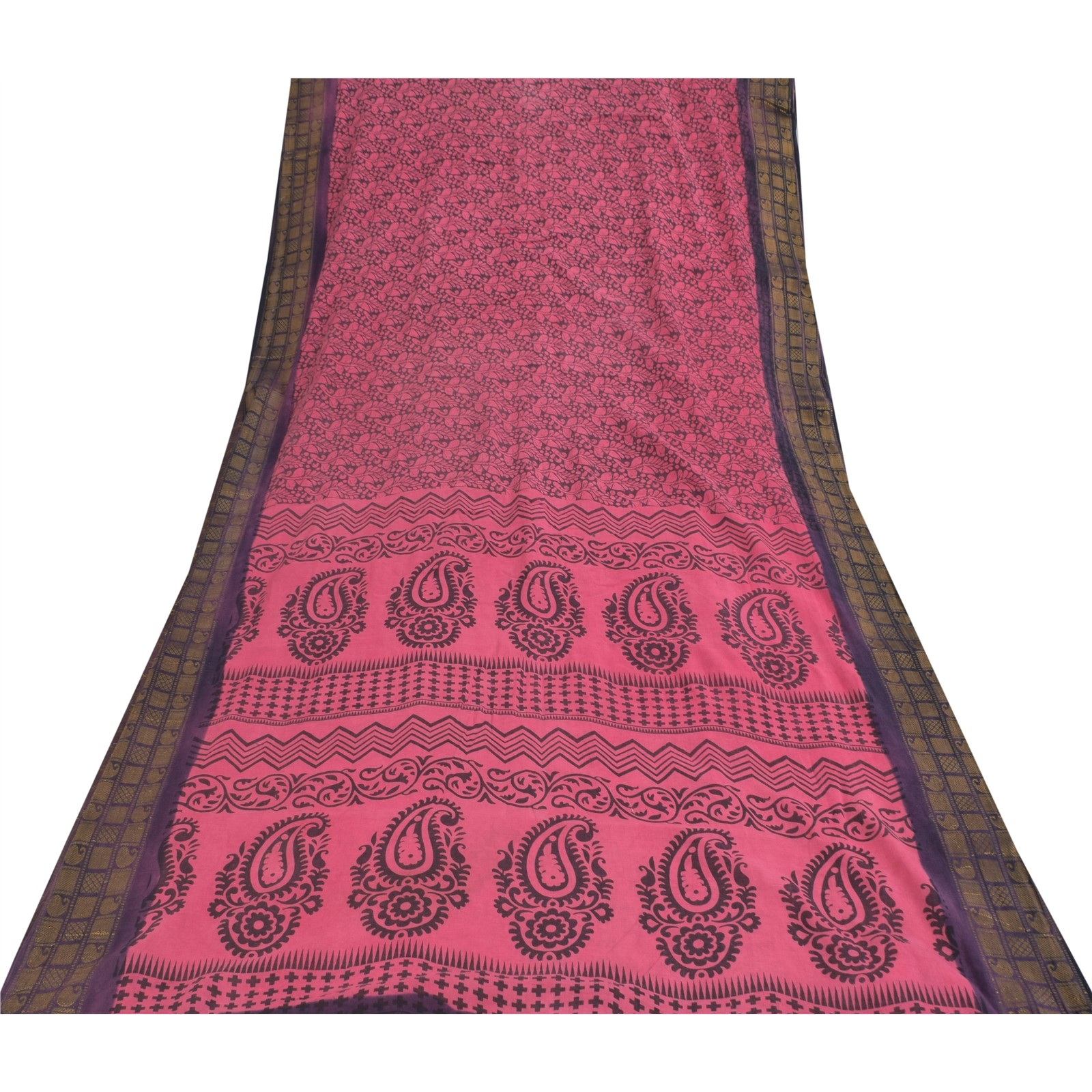 Sanskriti Vintage Sarees Pink & Black Block Print Zari Pure Cotton Sari Fabric