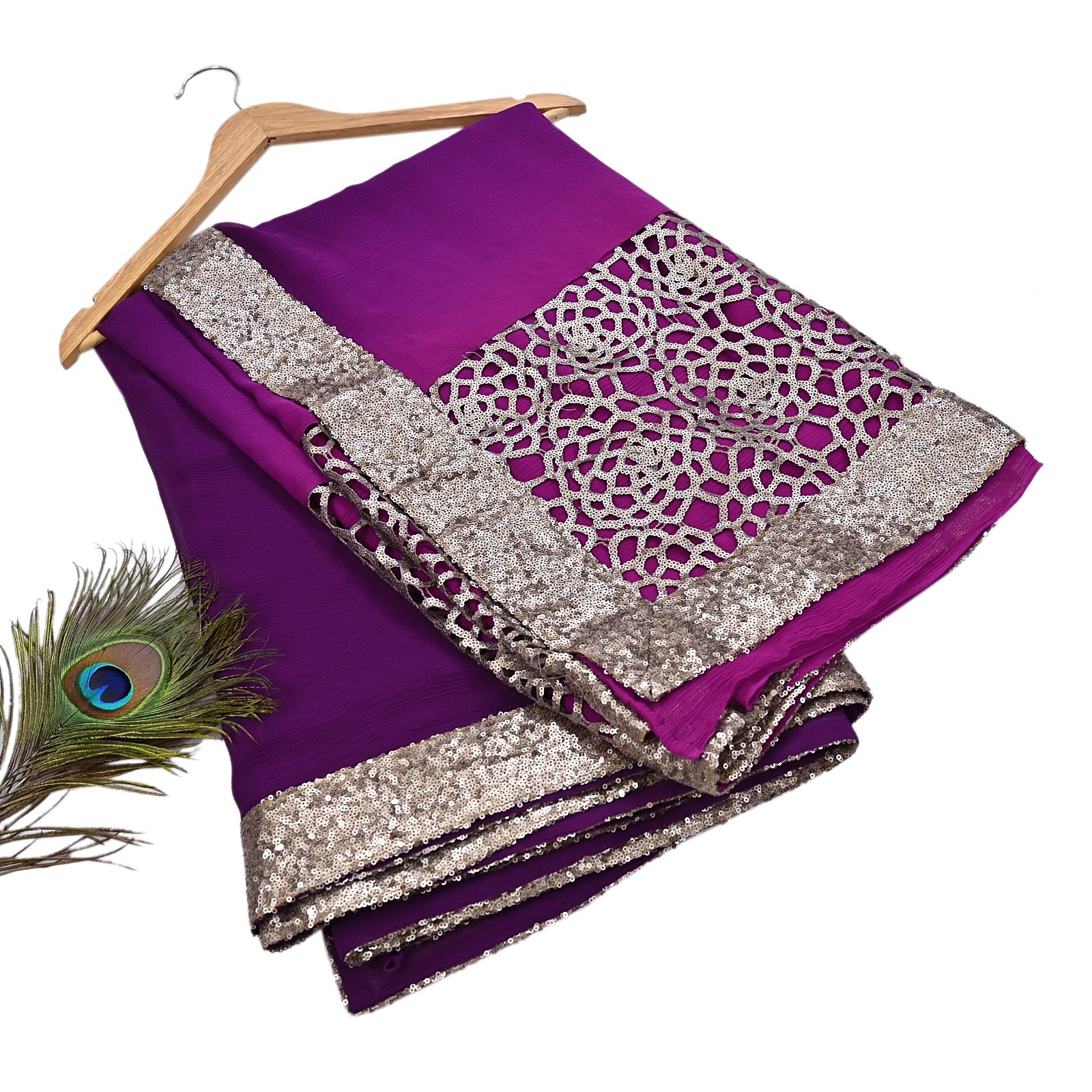 Rare Vintage Purple Pure Chiffon Silk Hand Embroidered Designer Sabyasachi Saree
