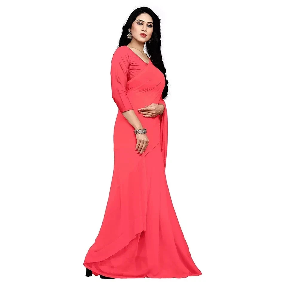 Women’s Georgette Saree With Unstiched Blouse Piece Gajari Red Ethnic Wear 1 Pcs