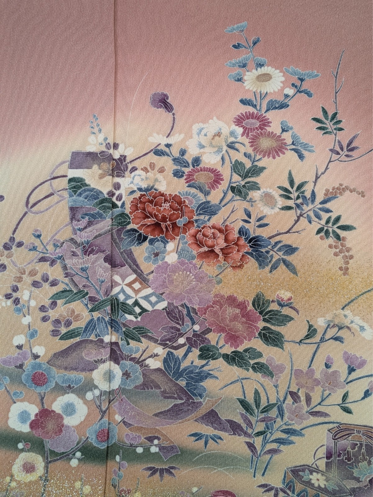 Authentic Japanese Kimono Silk Homongi Pink Colored Floral Birds Treasure Luxury