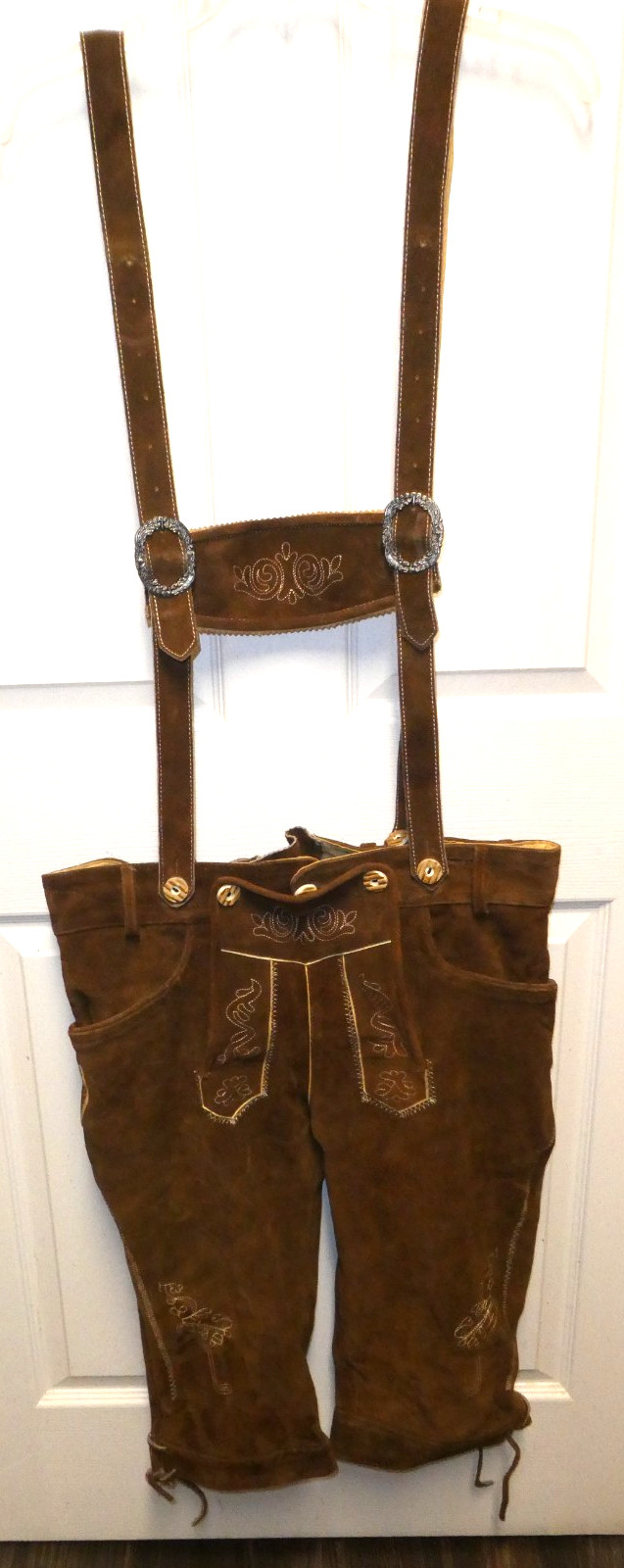 Men’s Brown Suede Leather Lederhosen Traditional German Shorts w/ Suspenders 36