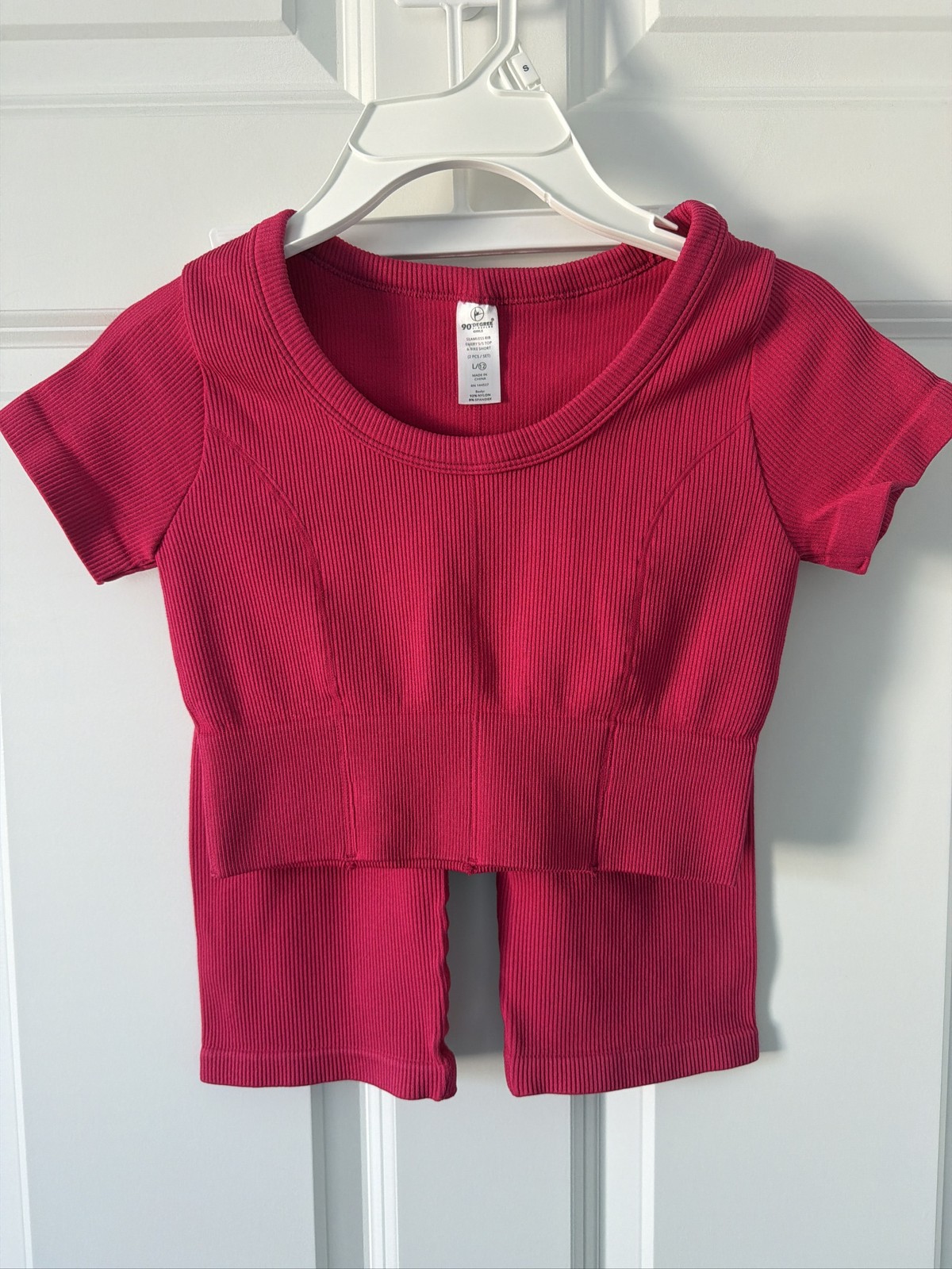 90 Degree By Reflex Pink Ribbed Seamless Short Sleeve Crop Top and Biker Shorts