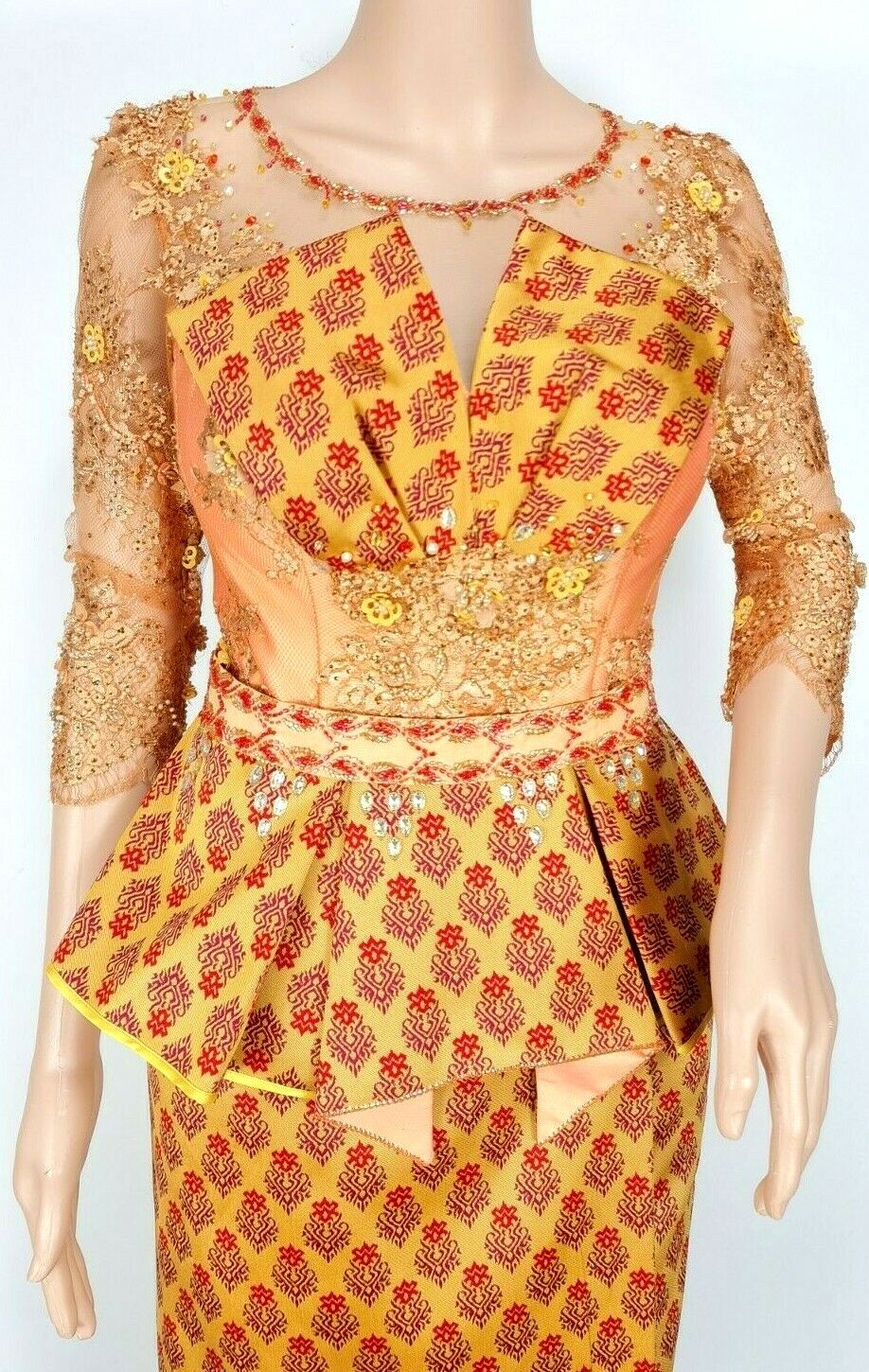 Cambodia Khmer Traditional Out fit Women Size L Gold Lace Korean Silk Skirt