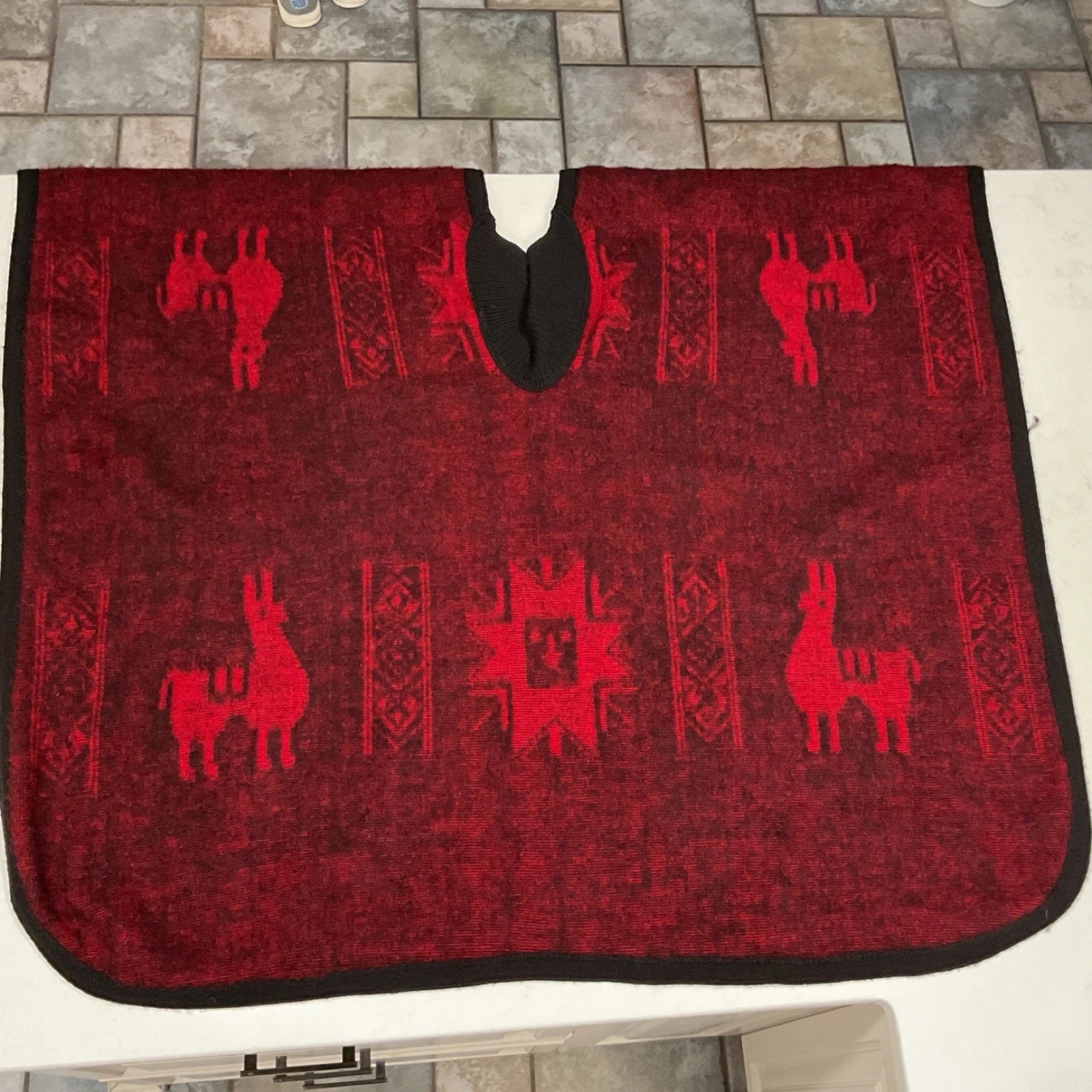 Handmade Black and Red Wool Poncho Latin American Andean Llama Motifs One Size