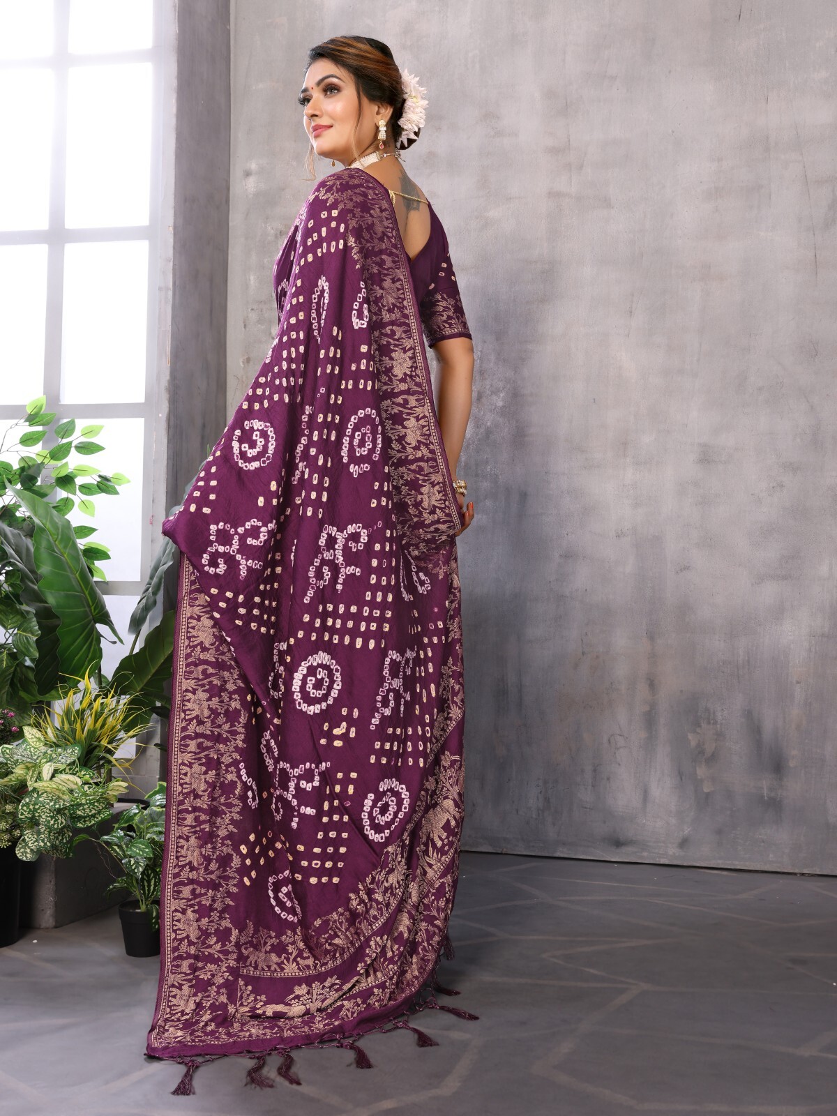 Purple Bandhej Bandhani Misco Pure Gaji Patola Chex Bandhani Saree With Blouse