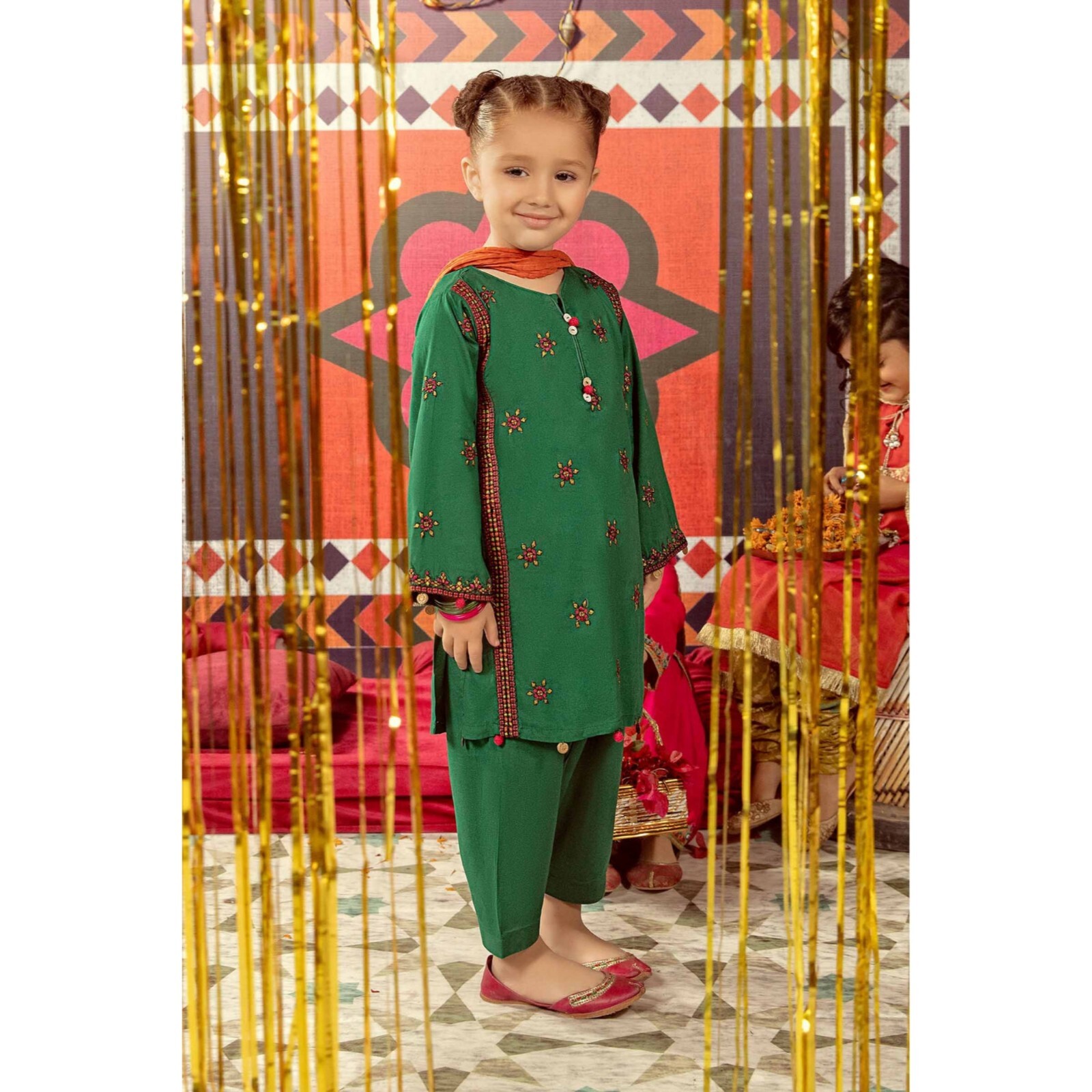 Maria B. Girls Pakistani 3 Piece Kameez Trouser Outfit, 2-4 Years, Green/Orange