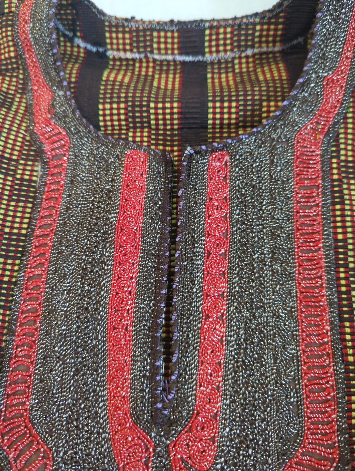 African Woven Embroidered Top XL Open Sides Metallic Thread Centerpiece Stunner