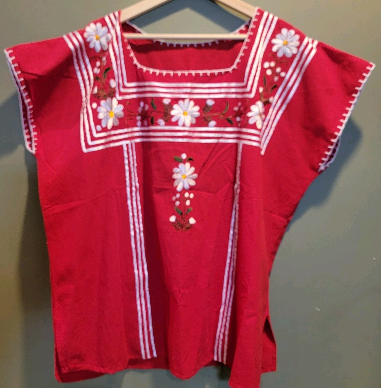 Vintage Red Mexican Embroidered Peasant Blouse Floral Folk Art Tunic Handmade…