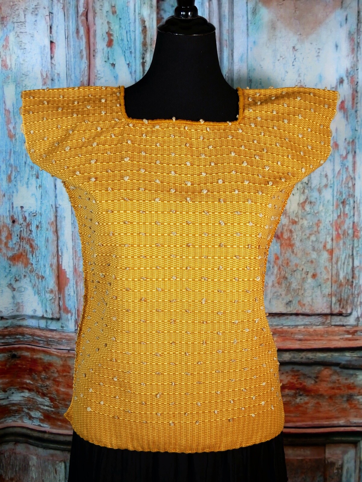 Huipil Tunic Top Handwoven Backstrap Loom Gold & Beige Mayan Chiapas Mexico Boho