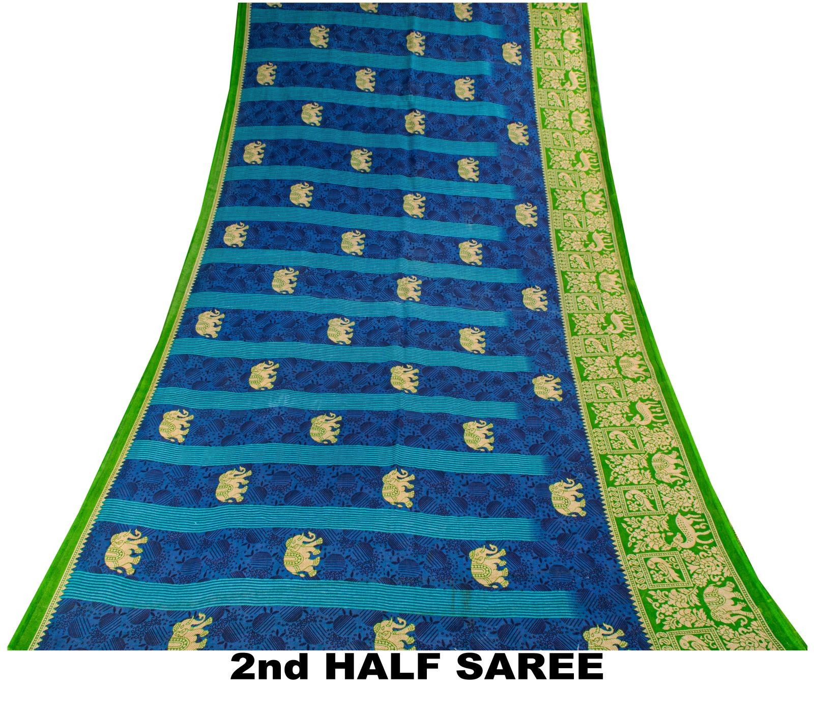 Sanskriti Vintage Saree Blue-Green Pure Cotton Animal Printed Craft Fabric Sari
