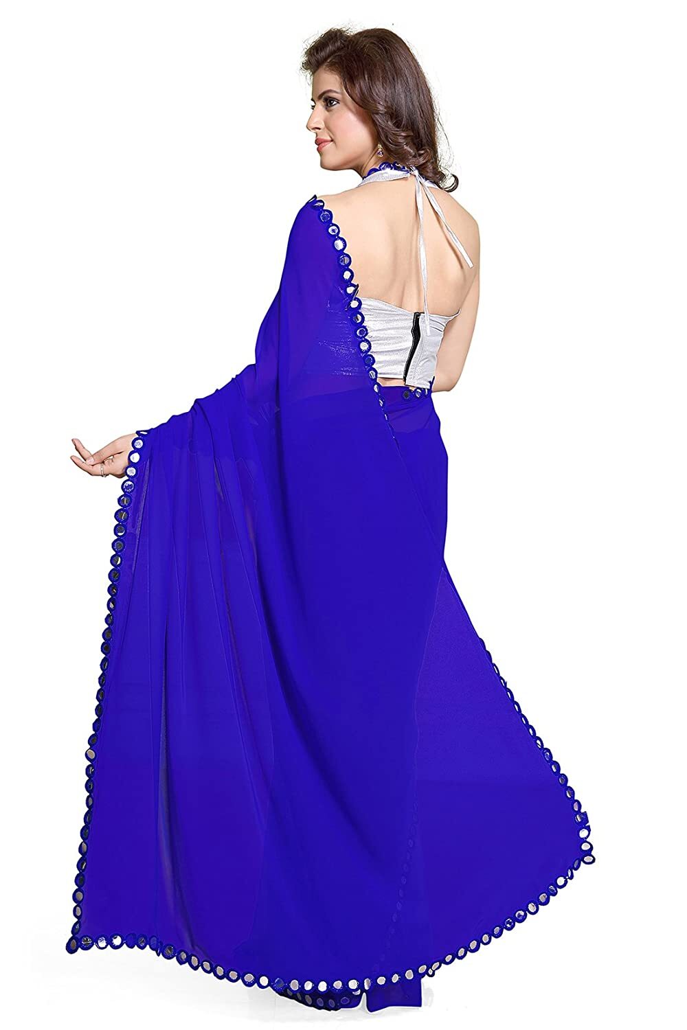 Women Soft Georgette Mirror Border work Plain Saree with Blouse Piece Royal Blue
