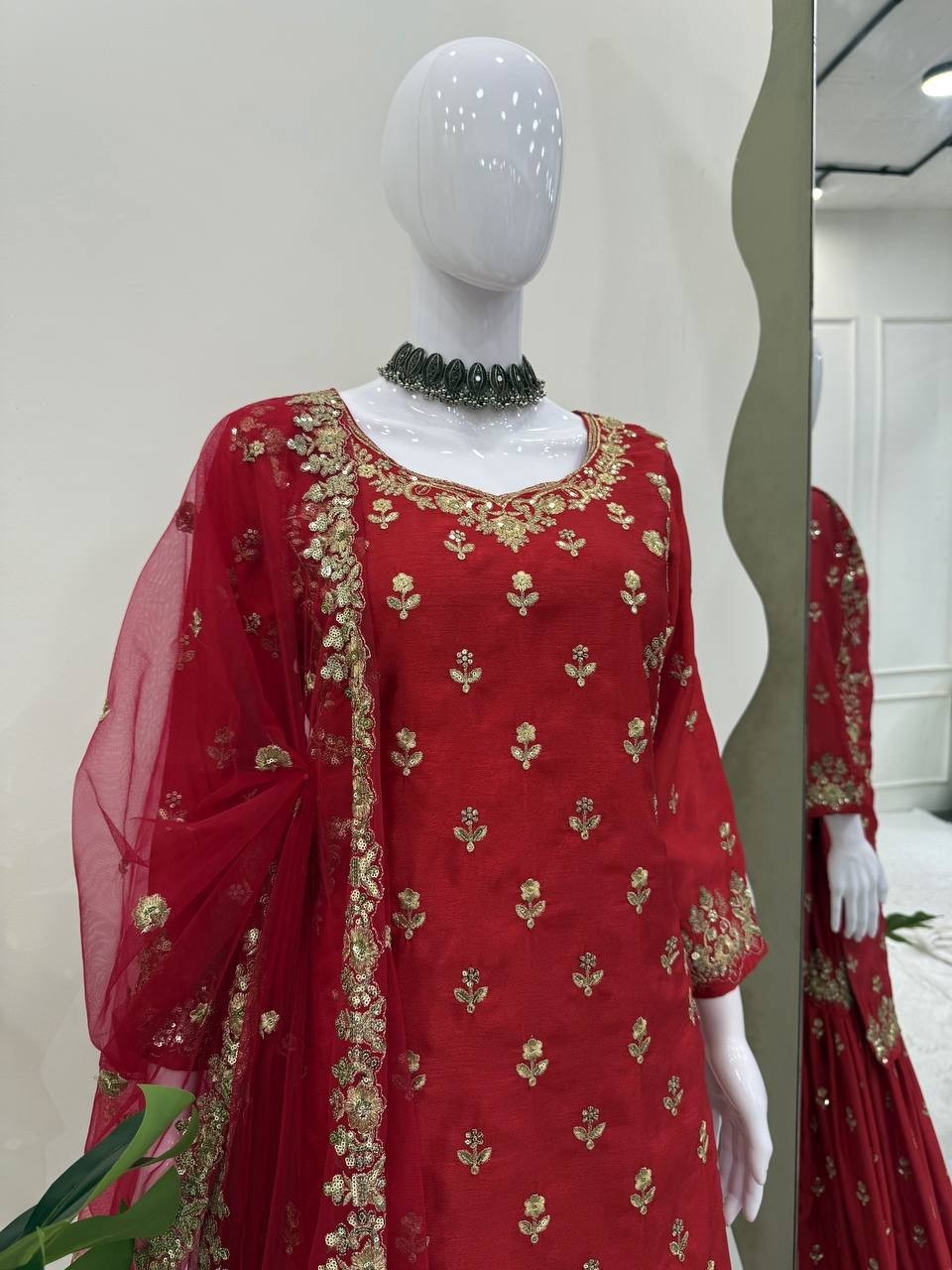 Designer Chinon Silk Red Top Palazzo With Dupatta For Wedding & Party Wear