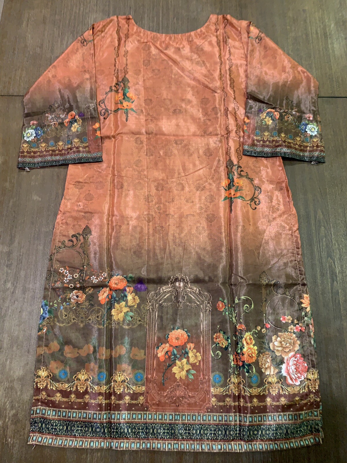 Beautiful Orange And Brown Printed Moheshwary Silk Kurti For Women