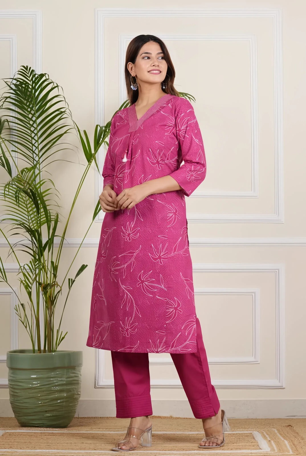 Floral Print Cotton Kurta with Palazzo Set, 3/4 Sleeve V-Neck