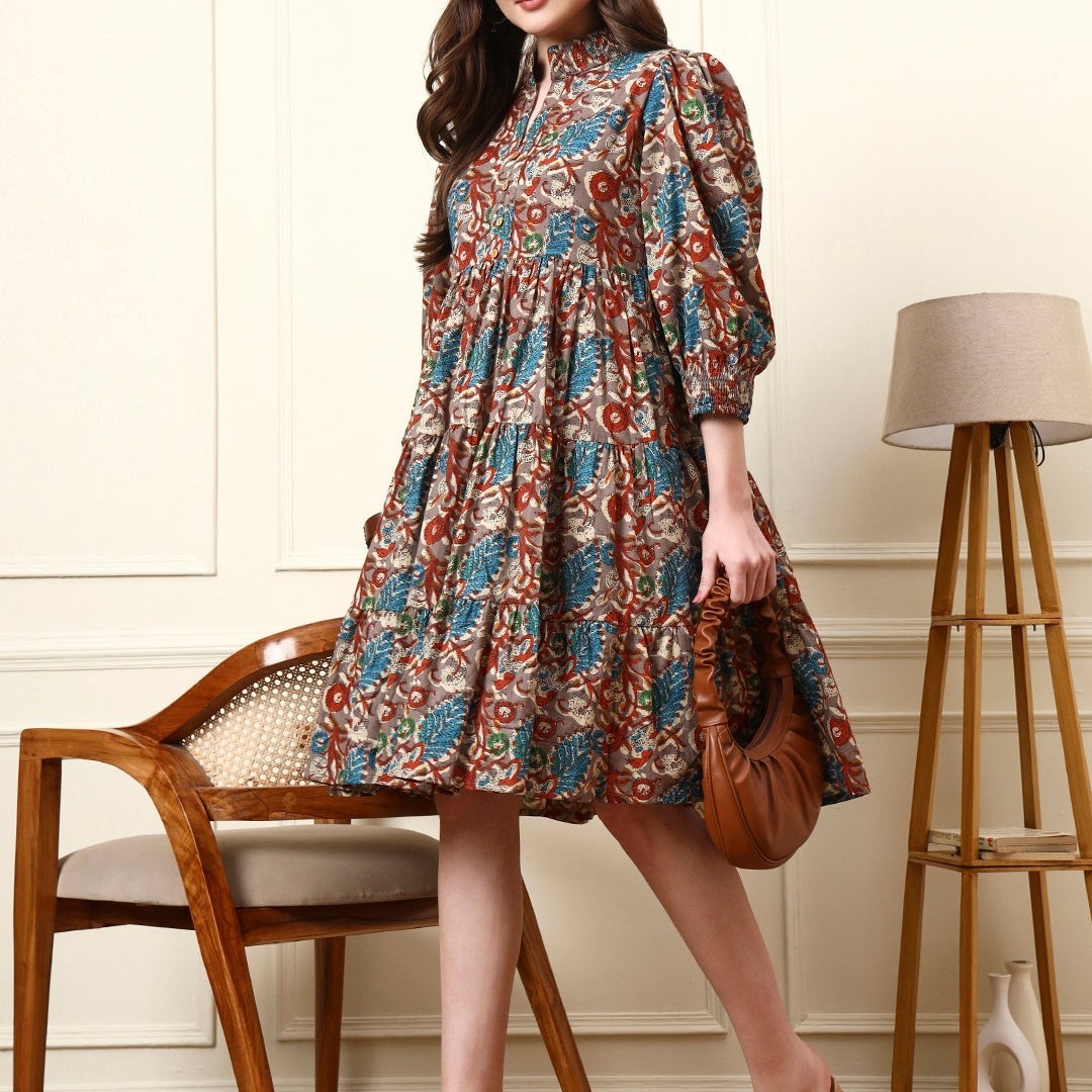 Multi Color Boat Neck Cotton Dress Plus Size & Regular | Flowy Boho Midi Dress
