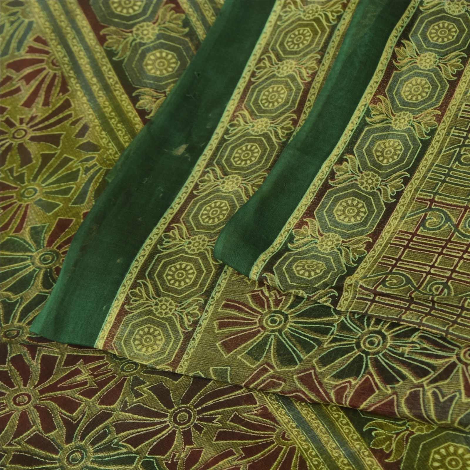 Sanskriti Vintage Sarees Indian Green Pure Cotton Printed Sari 5+Yd Craft Fabric