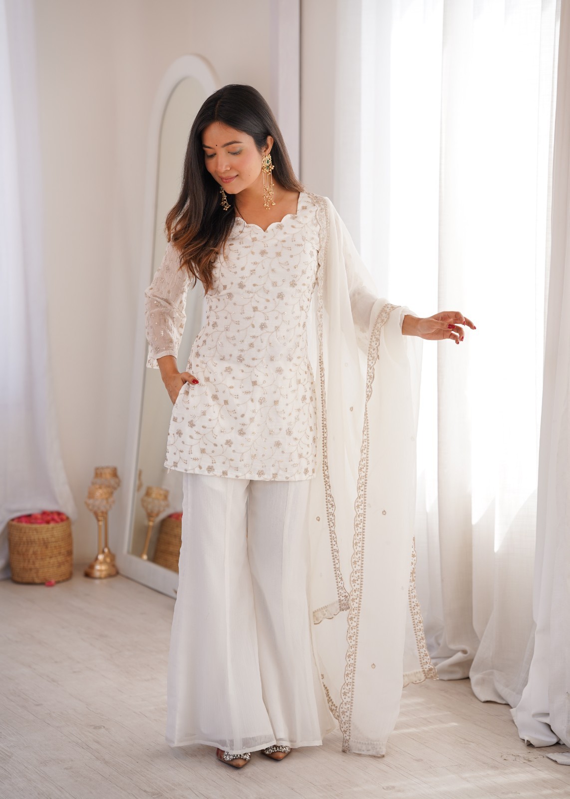 Readymade White Floral Embroidered Kurta Palazzo Dupatta Wedding Party Wear Set