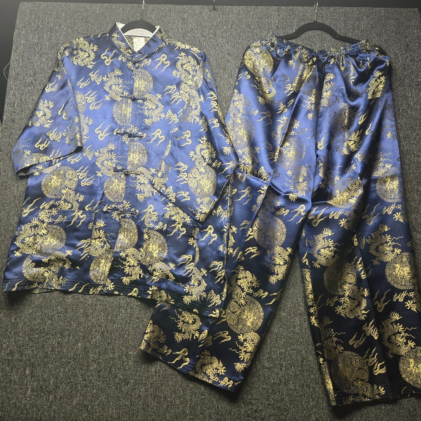 Chinese Traditional Blue Gold Dragon Satin Top & Pants XXL 100% Polyester Unisex