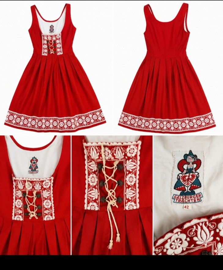 Vintage Salzburger Trachten Red Austrian Dirndl Dress Embroidered EU 42 XS