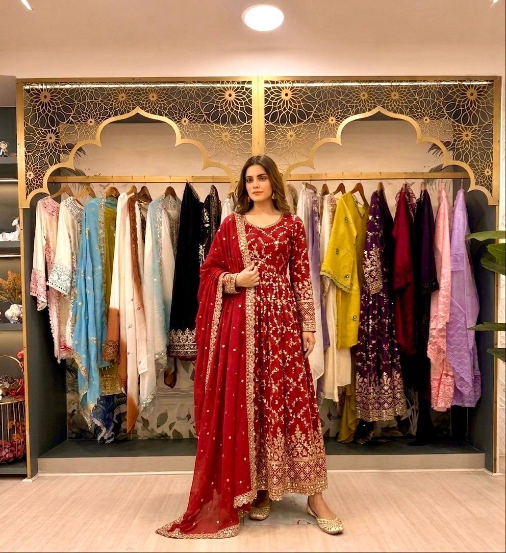 Attractive Look Chinon Silk Red Gown Bottom With Dupatta For Wedding Wear